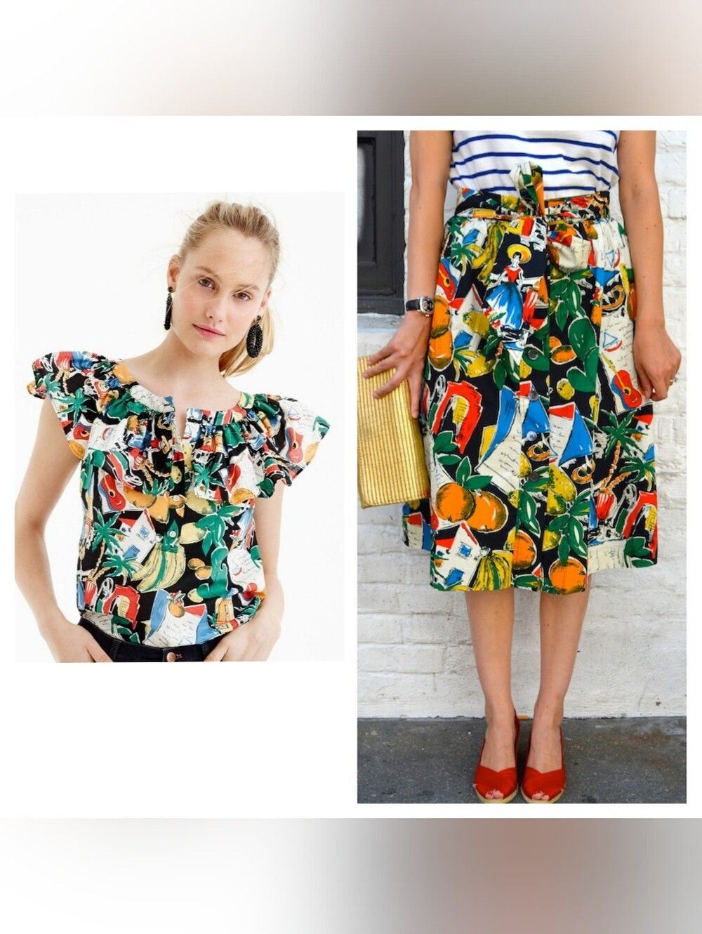 {J. Crew} SET: Postcard Tropical Print Two-Piece - Multicolor Fruit Motif 14/16